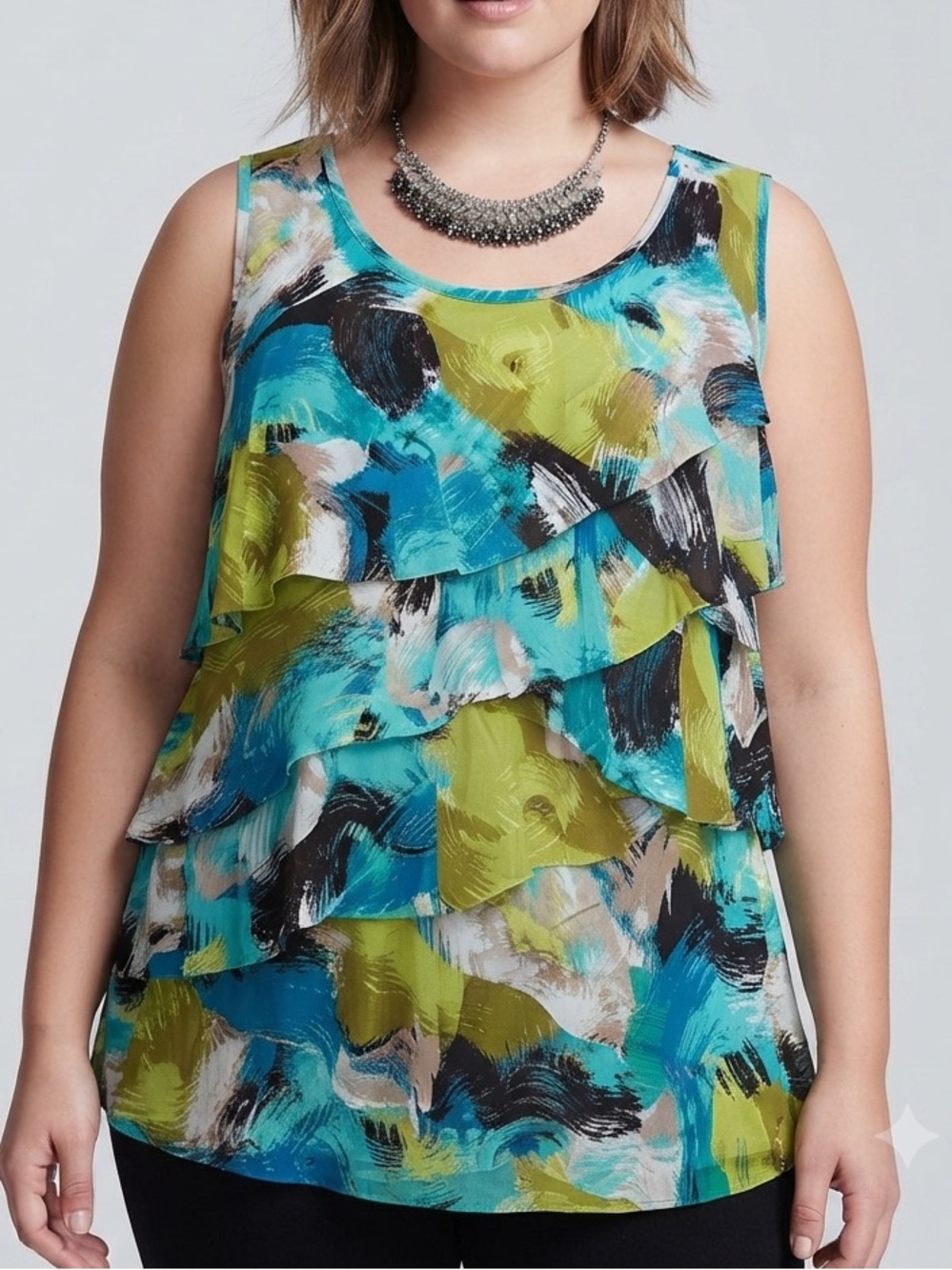 😍CLEARANCE WORTHINGTON WOMAN Teal, Lime & Black Tiered Ruffle Tank 2X